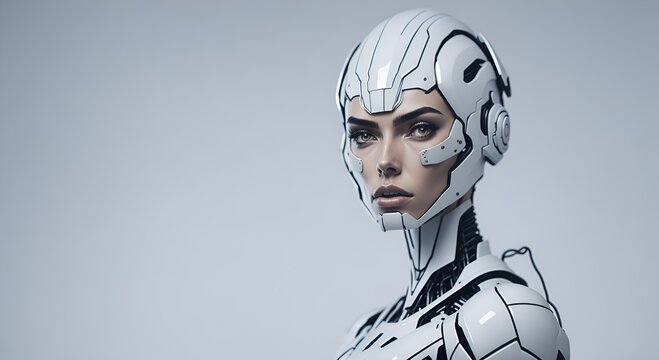 Inteligencia artificial futurista de mujer robot con forma humanoide en un fondo blanco