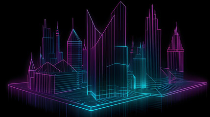 Naklejka premium illustration of a hologram skyscraper view ,generative ai