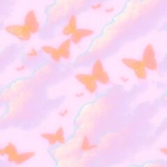 Naklejka na ściany i meble Smooth Gradient illustration Dreamy Seamless Pattern Background with butterflies, sky. Iridescent Vivid rainbow colors. Abstract y2k background. Vaporwave 80s, 90s. Wallpaper. Minimal
