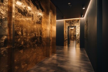 An office foyer with a wall covered in gold. Generative AI