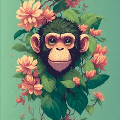 A playful monkey sits on a bed of colorful flowers, surrounded by lush greenery and a natural tropical setting