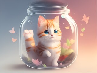A curious feline peeks out from a glass jar, its fluffy fur and bright eyes contrasting with the transparent container.