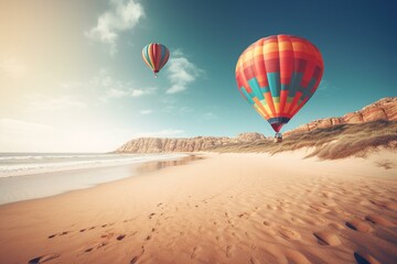 Fototapeta na wymiar Colorful balloon flying over a sandy beach. Summer holiday and joyful vacation motif. Generative AI