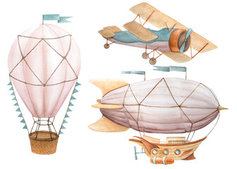 Watercolor illustration of childrens set of flying vehicles. Airship, retro plane, hot air balloon