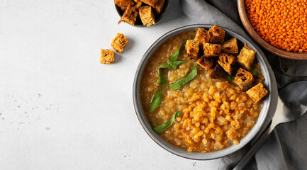 Lentil soup with ingredient on white background