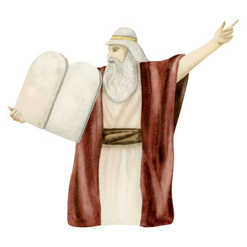 recommend clip art: Watercolor Moses with Ten Commandments stone tablets illustration isolated on white. Biblical story of Jewish Hebrew Tanakh. Prophet demostrating to Israel people laws on mount Sinai. Shavuot symbol