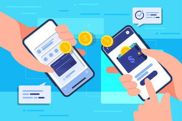 Mobile money transfer with hand holding mobile phone.Transfer money by online internet banking all around the world illustration.