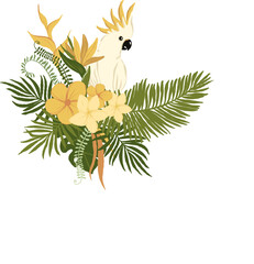 Tropical floral bouquet with parrot clipart. Wedding flower wreath illustration png file, jungle...