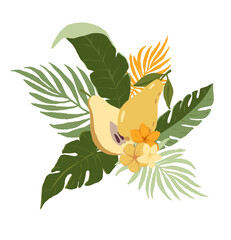 Tropical floral bouquet clipart. Wedding flower wreath illustration png file, jungle green leaves and flowers drawing. Design for birthday invitation, wedding and greeting cards