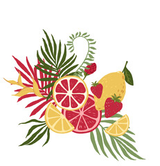 Tropical flower and fruit bouquet clipart. Wedding flower wreath illustration png file, jungle green leaves and flowers drawing. Design for birthday invitation, wedding and greeting cards