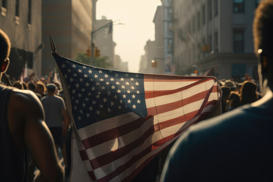 Person holding an american flag in a crowd. Generative AI