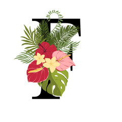 Tropical floral letter F with bouquet png clipart. Wedding flower monograme png file, jungle green leaves and flowers drawing for wedding and greeting cards, logotype
