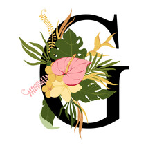 Tropical floral letter G with bouquet png clipart. Wedding flower monograme png file, jungle green leaves and flowers drawing for wedding and greeting cards, logotype
