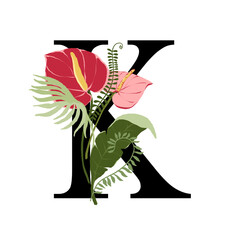 Tropical floral letter K with bouquet png clipart. Wedding flower monograme png file, jungle green leaves and flowers drawing for wedding and greeting cards, logotype
