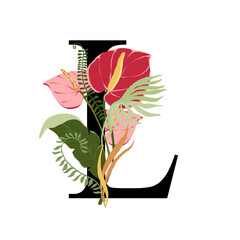 Tropical floral letter L with bouquet png clipart. Wedding flower monograme png file, jungle green leaves and flowers drawing for wedding and greeting cards, logotype
