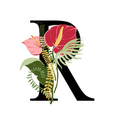 Tropical floral letter R with bouquet png clipart. Wedding flower monograme png file, jungle green leaves and flowers drawing for wedding and greeting cards, logotype
