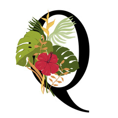 Tropical floral letter Q with bouquet png clipart. Wedding flower monograme png file, jungle green leaves and flowers drawing for wedding and greeting cards, logotype
