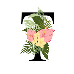 Tropical floral letter T with bouquet png clipart. Wedding flower T monograme png file, jungle green leaves and flowers drawing for wedding and greeting cards, logotype
