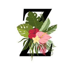 Tropical floral letter Z with bouquet png clipart. Wedding flower monograme png file, jungle green leaves and flowers drawing for wedding and greeting cards, logotype
