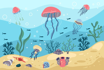 Jellyfish water life summer sea ocean animal concept. Vector graphic design illustration