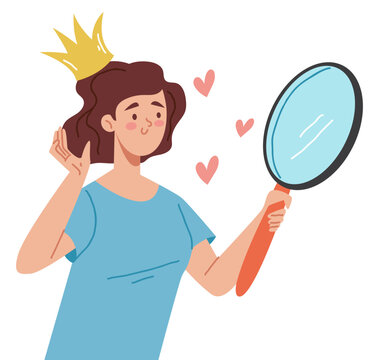 Narcissistic people look self mirror reflection concept. Vector graphic design illustration
