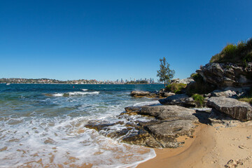 Sydney skyline from Milk Beach during the day.