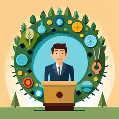 man in the circle of science and ecology behind the podium