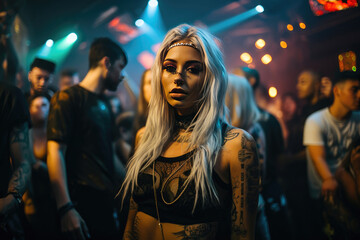 Fototapeta na wymiar Woman in a crowded night club. Generative AI