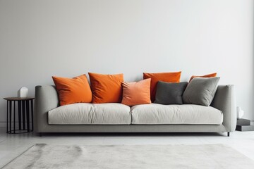 Contemporary grey couch and orange cushions on white backdrop. Generative AI