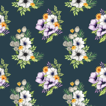 Watercolor Seamless Pattern with Anemone Flowers. Illustration of a bouquet of anemones, sunflowers, poppies and dry lotus. Hand drawing. © Olga