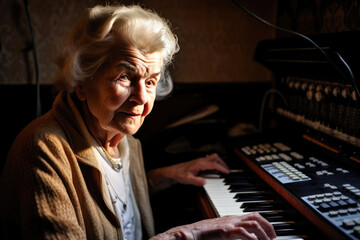 Senior retired woman practice playing classic piano song during free time. Generative AI