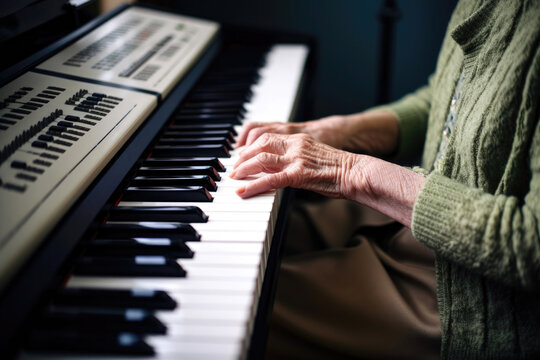 Close-up shot of an elderly menopausal woman playing the piano as a hobby. Generative AI