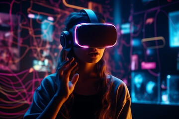 Teenager girl in VR glasses at home, created with Generative AI Technology