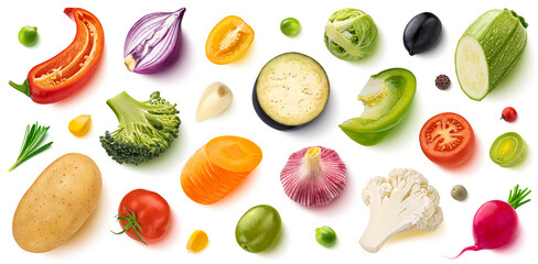 Vegetable assortment, isolated on white background, flat lay, top view. Creative layout. Healthy food pattern