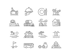 Resort Hotel Facilities Icon collection containing 16 editable stroke icons. Perfect for logos, stats and infographics. Edit the thickness of the line in Adobe Illustrator (or any vector capable app). - obrazy, fototapety, plakaty
