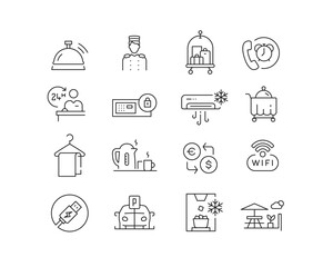Hotel Facilities Icon collection containing 16 editable stroke icons. Perfect for logos, stats and infographics. Edit the thickness of the line in Adobe Illustrator (or any vector capable app).