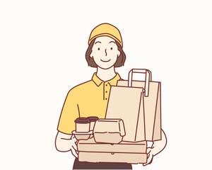 Woman with products in paper bags and containers on white background. Hand drawn style vector design illustrations.