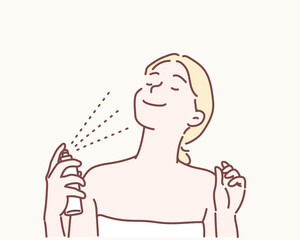 Waist-up portrait of a female with her eyes closed hydrating her skin with a facial spray. Hand drawn style vector design illustrations.