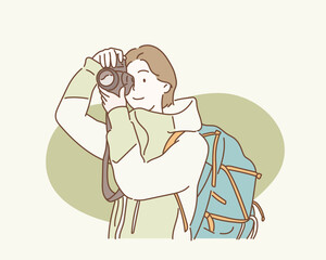 woman with backpack taking a photo. Hand drawn style vector design illustrations.