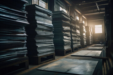 Obraz premium Large metal sheets in warehouse part of aluminum industry product. Generative AI