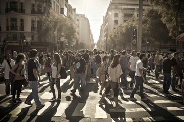 Protesters walking down the middle of a city street. Generative AI