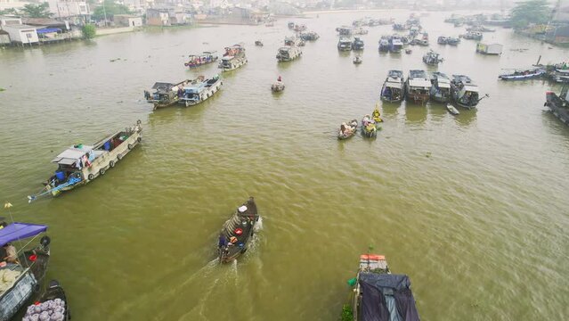 Cai Rang floating market, Can Tho, Vietnam, aerial view. Cai Rang is famous market in mekong delta, Vietnam.