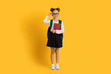 School Kid. Portrait Of Cute Little Girl With Backpack And Workbooks