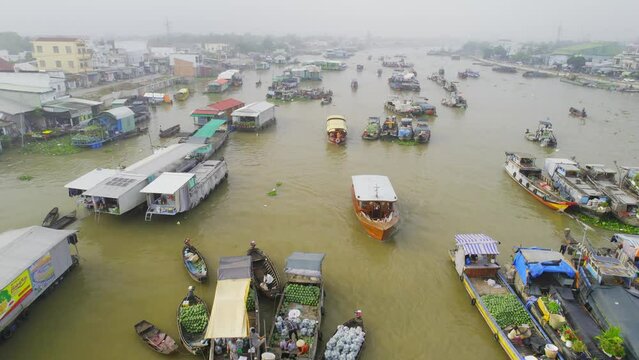 Cai Rang floating market, Can Tho, Vietnam, aerial view. Cai Rang is famous market in mekong delta, Vietnam.