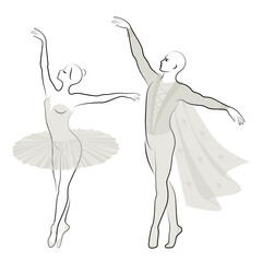 Silhouette of a cute lady and youth, they dance ballet. The woman and the man have beautiful slender figures. Girl ballerina and boyfriend dancer. Ballet dancer. Vector illustration.