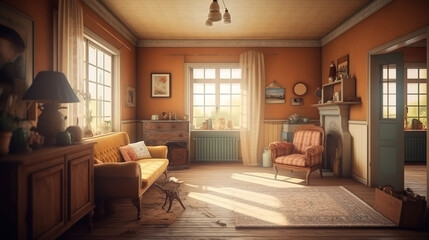 Cozy old farmhouse living room interior, 3d render, Bright color. Generative Ai