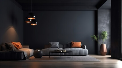 Stylish dark living room interior with gray sofa mock up. Generative Ai