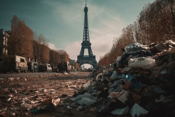 Paris garbage strike: massive pile in front of Eiffel Tower. Generative AI