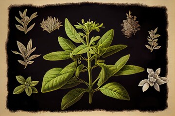 Stevia Botanical Illustration, Stevia Rebaudiana Sugar Substitute Plant Abstract Generative AI Illustration - obrazy, fototapety, plakaty