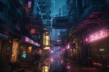 Abstract distorted urban background with glitch effect. Cyberpunk city design with retro aesthetic. Generative AI